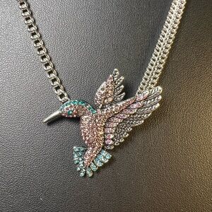Hummingbird Necklace Silvertone asymmetrical chain.